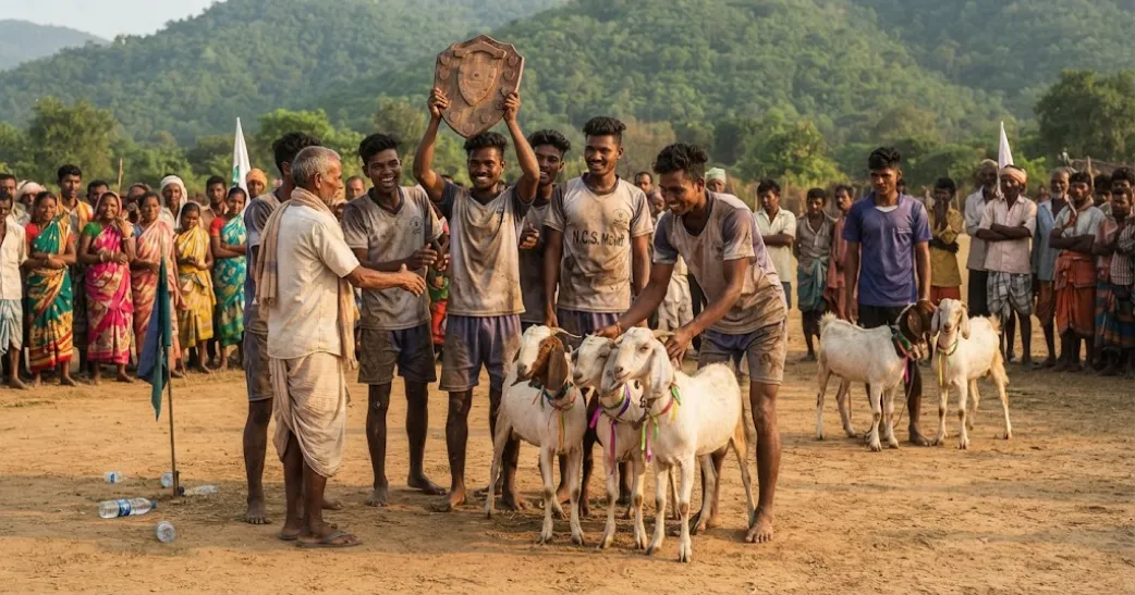 வெற்றி பெற்ற அணிக்கு 3 ஆடுகள்…!இந்திய கிராமத்தின் வித்தியாசமான கால்பந்து.