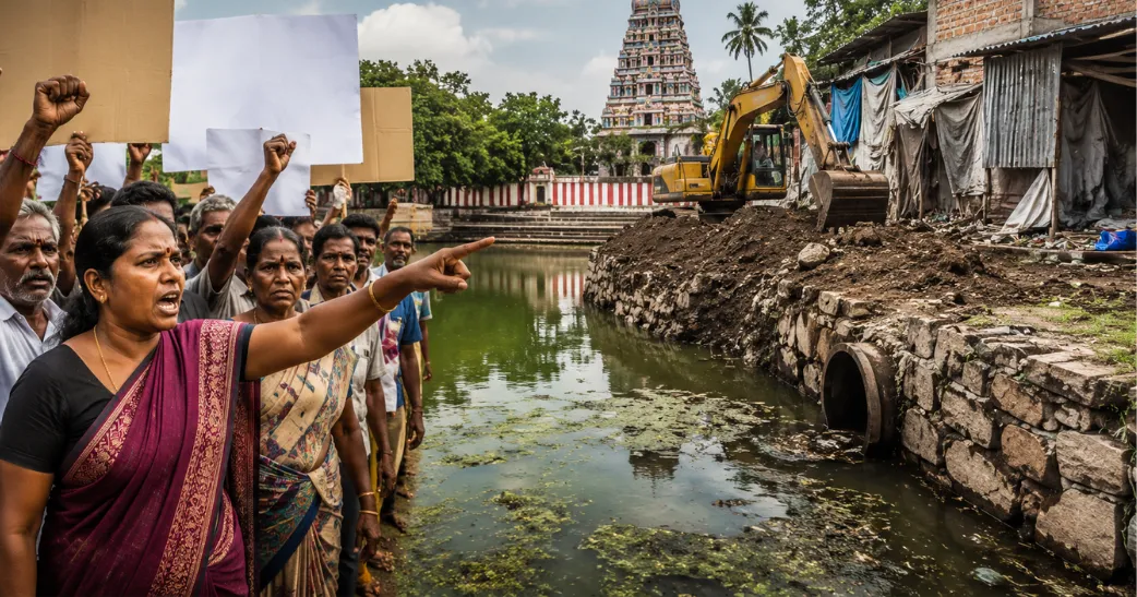 கோவில்குளம் ஆக்கிரமிப்பு சர்ச்சை…! நீர்வரத்து தடைப்படும் அபாயம் என மக்கள் போராட்டம்.