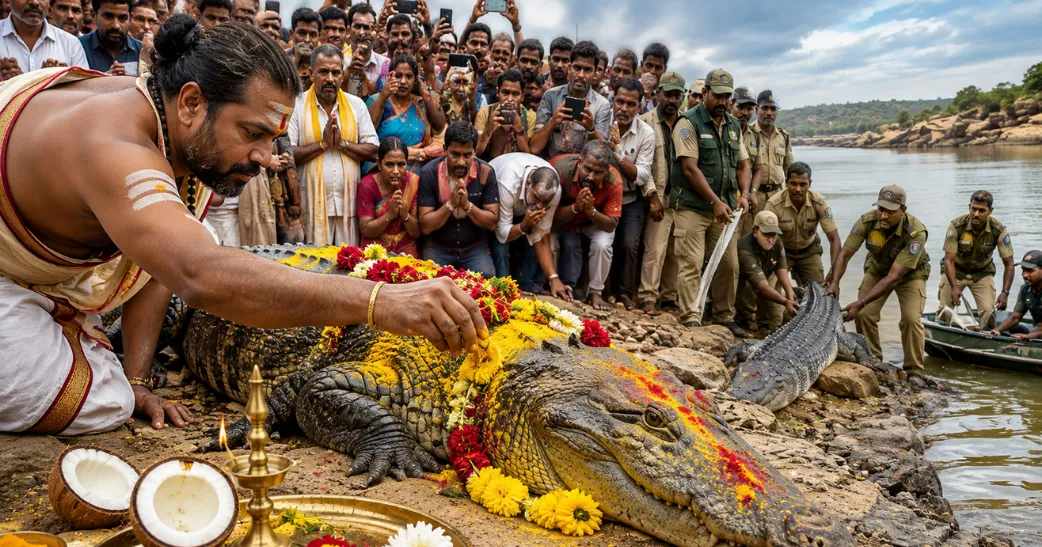 மழை வேண்டி முதலைக்கு மஞ்சள், குங்குமம் வைத்து பூஜை…! பூசாரியின் விநோத வழிபாட்டால் வியந்த மக்கள்.
