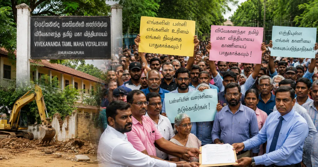அநுராதபுரம் விவேகானந்தா தமிழ் மகா வித்தியாலய காணியை பாதுகாக்கக் கோரி பெற்றோர்…! பழைய மாணவர்கள் போராட்டம்.