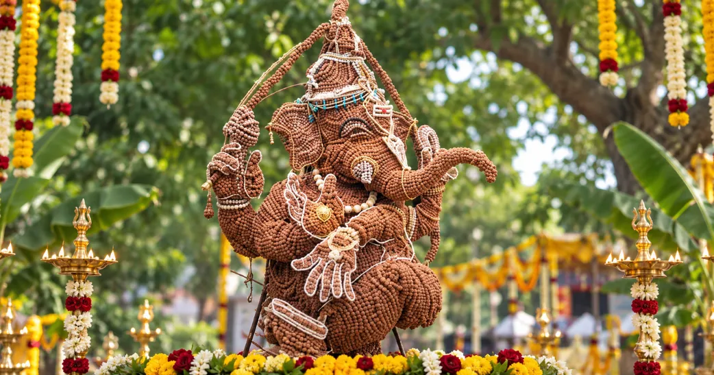 பக்தர்களை வியப்பில் ஆழ்த்திய ‘வீர விநாயகர்’…! 51,000 உருத்திராட்ச மணிகளால் 10 அடி பிரம்மாண்ட சிலை.