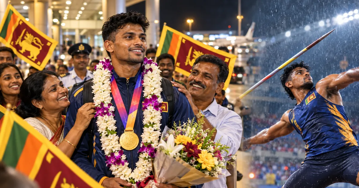 ஆசிய விளையாட்டு ஈட்டி எறிதலில் தங்கம் வென்ற ருமேஷ் தரங்க வருகை.